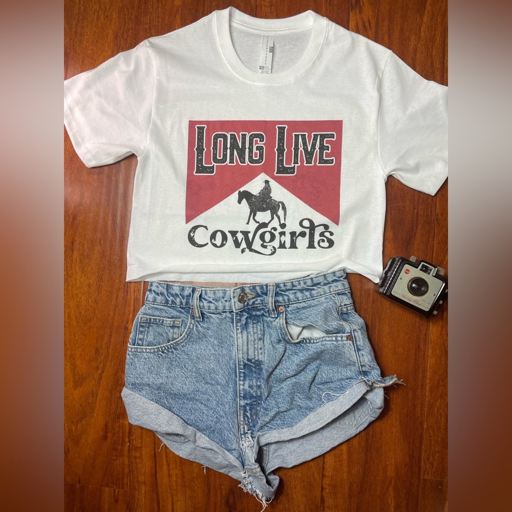 White Long Live Cowgirls Crop Top